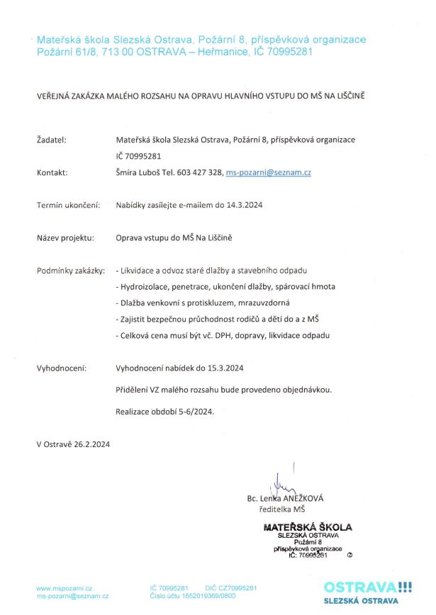 VZ Oprava hlavního vstupu do MŠ Na Liščině