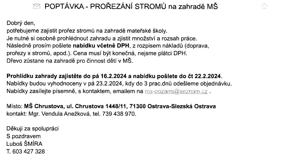 VZ Prořez stromů na zahradě MŠ Chrustova